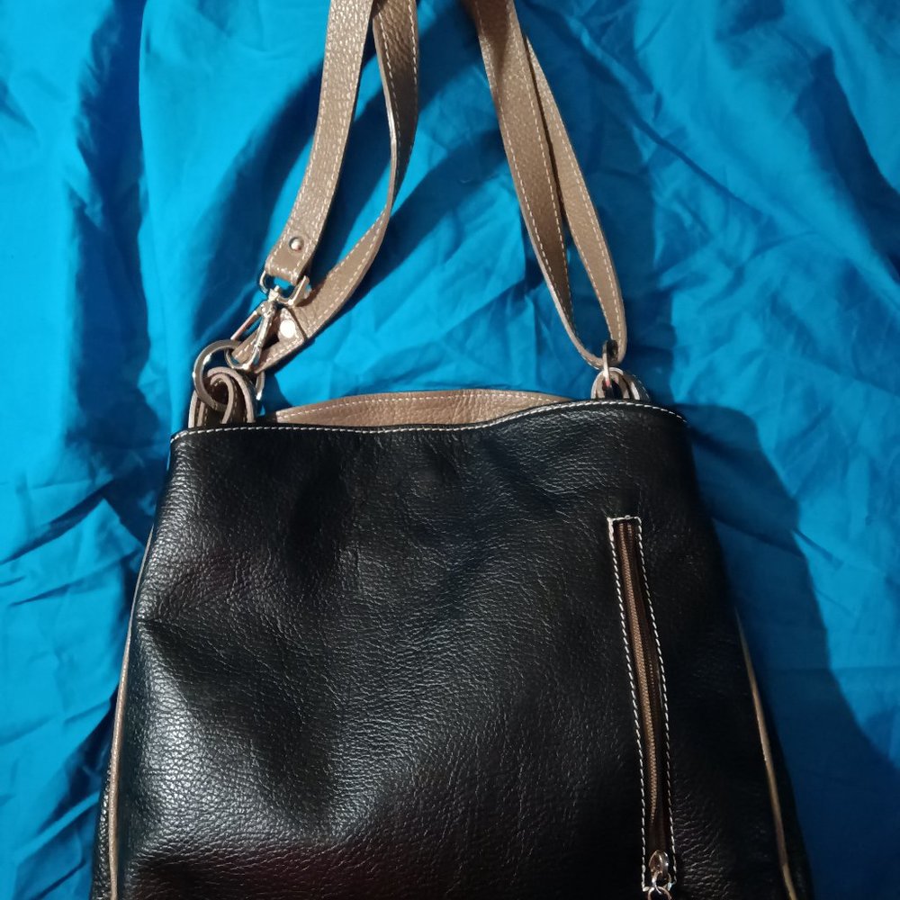 VERA PELLE MADE IN ITALY DBL STRAP SHOULDER LEATHER NLK & CAMEL NAG